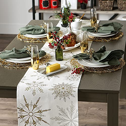DII Holiday Dining Table Linen Sparkle Metallic Kitchen Décor, Table Runner, 14x108, Snowflakes Print
