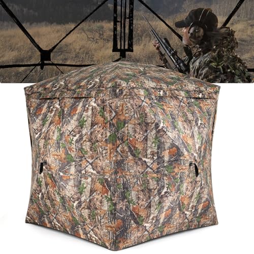 GYMAX Tente de Chasse Camouflage pour 2-3 Personnes, Store de Chasse Portable 270° avec Porte Magnétique Silencieuse & Fenêtres Coulissantes & Sac de Transport, Abri Dissimulé Pliant pour Cerf