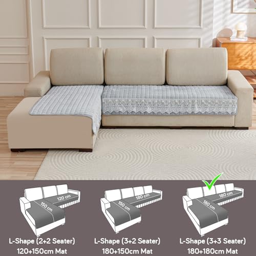 Image of HOKIPO Bellelace Velvet Sofa Cover L Shape 6 Seater Mat, 3+3, Pearl White