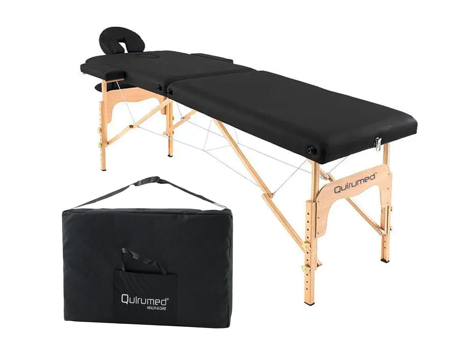 QUIRUMED Camilla de Masaje Plegable de Madera Easy, Color Negro, 186 x 66 cm, Mesa de Masaje, Masaje Fisioterapia, Polipiel, Cabezal articulado, Altura Regulable, 2 cuerpos