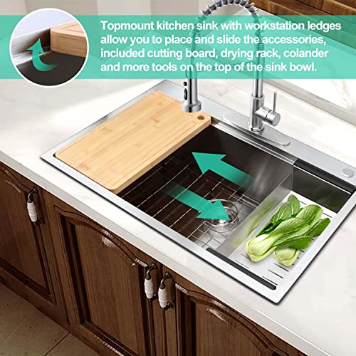Homikit Kitchen Sink 33 X22 Inch, 16 Gauge Stainless Steel Topmount Drop In Kitchen Sinks Single Bowl 2-Hole R10 Corner, 10" Deep Large Handmade Farmhouse Workstation Sink With 5 Pack Accessories #TOP4