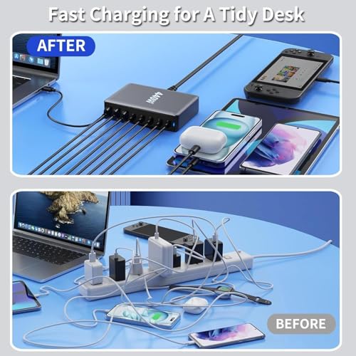 Image of TECHBLAZE 500W GaN 3 Super Fast Charger Adapter, 8-Port (2 USB A+ 6 Type- C) with PD Technology, Universal for iPhone, Android, MacBook, Type-C Laptops, Compact Multi-Device Charging Solution.
