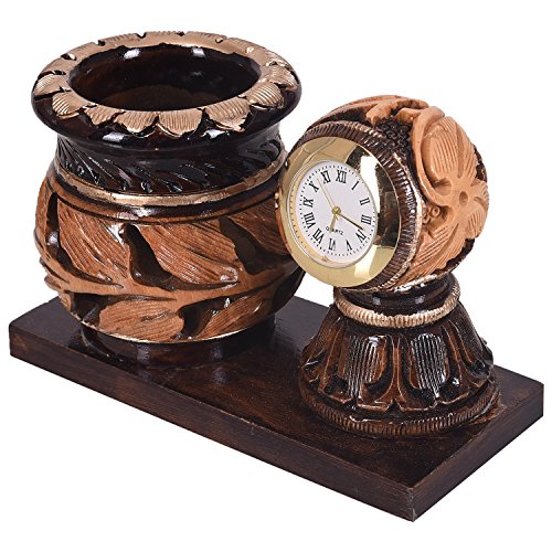 Image of Craft Trade 14x10 Cm Round Matki Pencil Holder with Analog Clock - Brown Clock