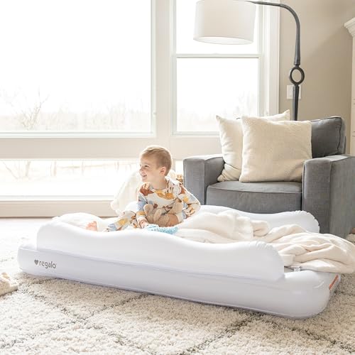 Image of Regalo Inflatable Toddler Travel Bed with Safety Rail Bumpers, Portable Toddler Air Mattress with Pump & Carry Bag, Foldable Kids Bed for Travel, Camping & Sleepovers, Ages 2-5