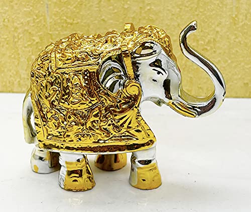 Image of Exclusive Fengshui Polyresin Elephant with Trunk Up with Golden Dress for Wealth Good Luck & Fortune. (ES-2604)