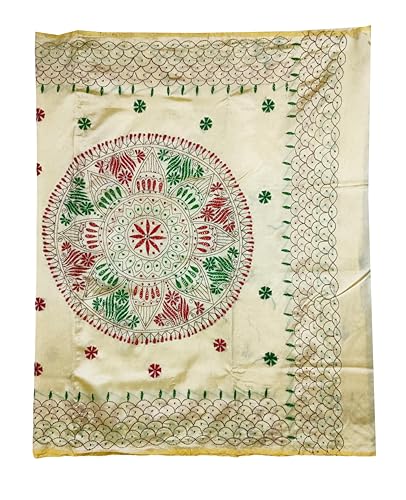 Image of SHRISTI CLOTHINGS Women's Hand Embroidered Cotton Silk Kantha Stitch Saree with Blouse Piece (J420724 LIGHTGOLDEN)