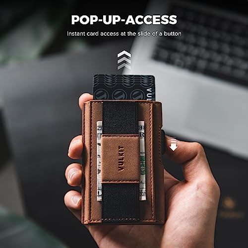 VULKIT Mens Minimalist Wallet for Max. 8 Cards with Pop-Up Credit Card Ejector RFID Blocking, ID Window and Elastic Strap for Bills or Keyring, Gift Box Packed, Brown2