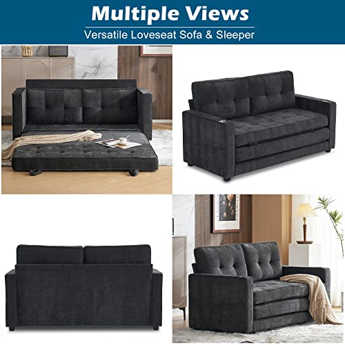 Vingli Upgraded 64" W 84" L Full Size Futon Sofa Bed, 6" Thick Upholstery Chenille Loveseat Sofa Sleeper Pull Out Couch,Convertible Floor Couch For Living Room, Bedroom, Entertainment Room, Dark Grey #TOP6