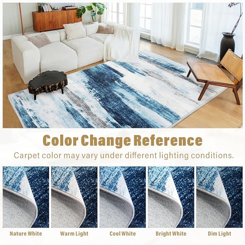 Carvapet 8x10 Blue Abstract Area Rug – Modern Large Washable 8 x 10 Low Pile Carpet with Rubber Backing, Foldable Non Slip Thin Rugs for Living Room, Bedroom, Dorm