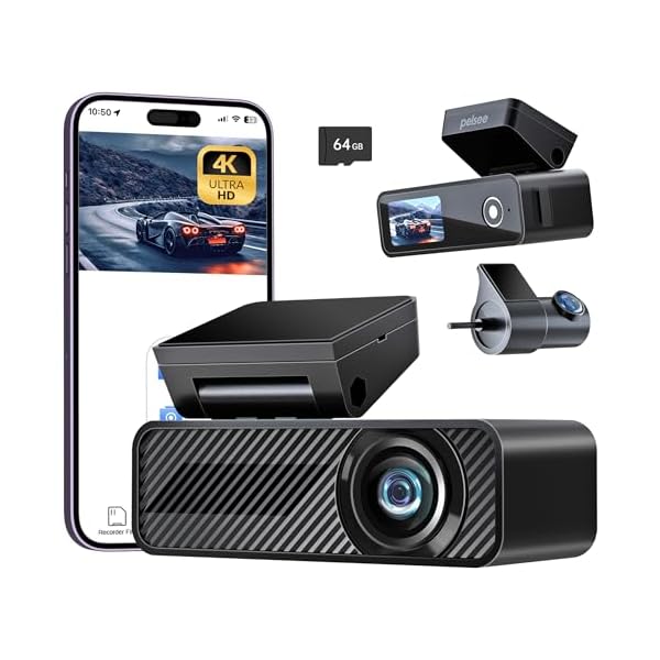 Pelsee P1 Duo 4K Dash Cam Front and Rear, 64GB SD Card, 4K+1080P Dual Dash Camera for Cars, Wi-Fi & App Control, 1.5’’IPS Display Car Camera, Voice Control, Night Vision, 24H Parking Mode, G-Sensor