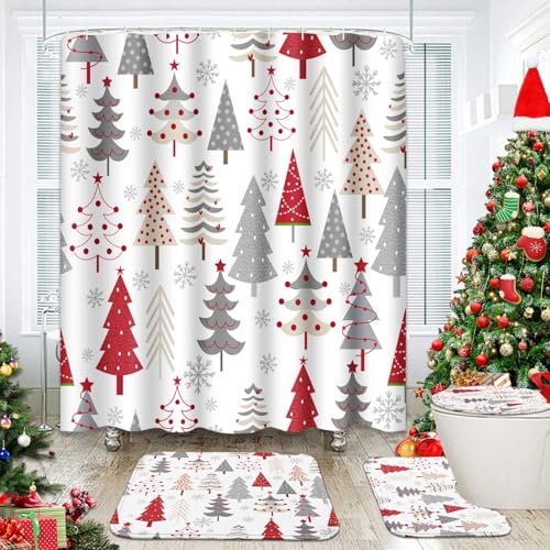 ArtSocket 4 Pcs Shower Curtain Set Christmas Trees Red Doodle Holly with Non-Slip Rugs Toilet Lid Cover and Bath Mat Bathroom Decor Set 72" x 72"