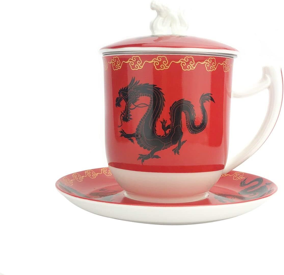 Tealand Microwave Safe Porcelain Magic Dragon Mug and Saucer Lid Filter for Brewing Green Black Puer Blooming Breakfast Tea 0.385 Liter Red