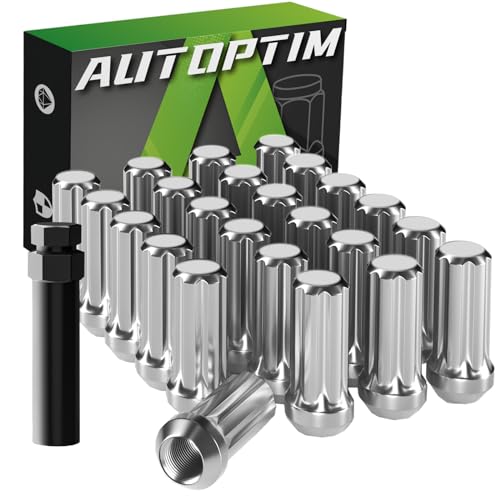 Image of AUTOPTIM M14x1.5 Spline Lug Nuts - 24Pcs Chrome Long Wheel Nuts with Socket | Replacement for 1999-2025 Chevy Silverado 1500, 2009-2025 Traverse, 1988-2025 GMC Sierra 1500, 2006-2025 Acadia Aftermarket