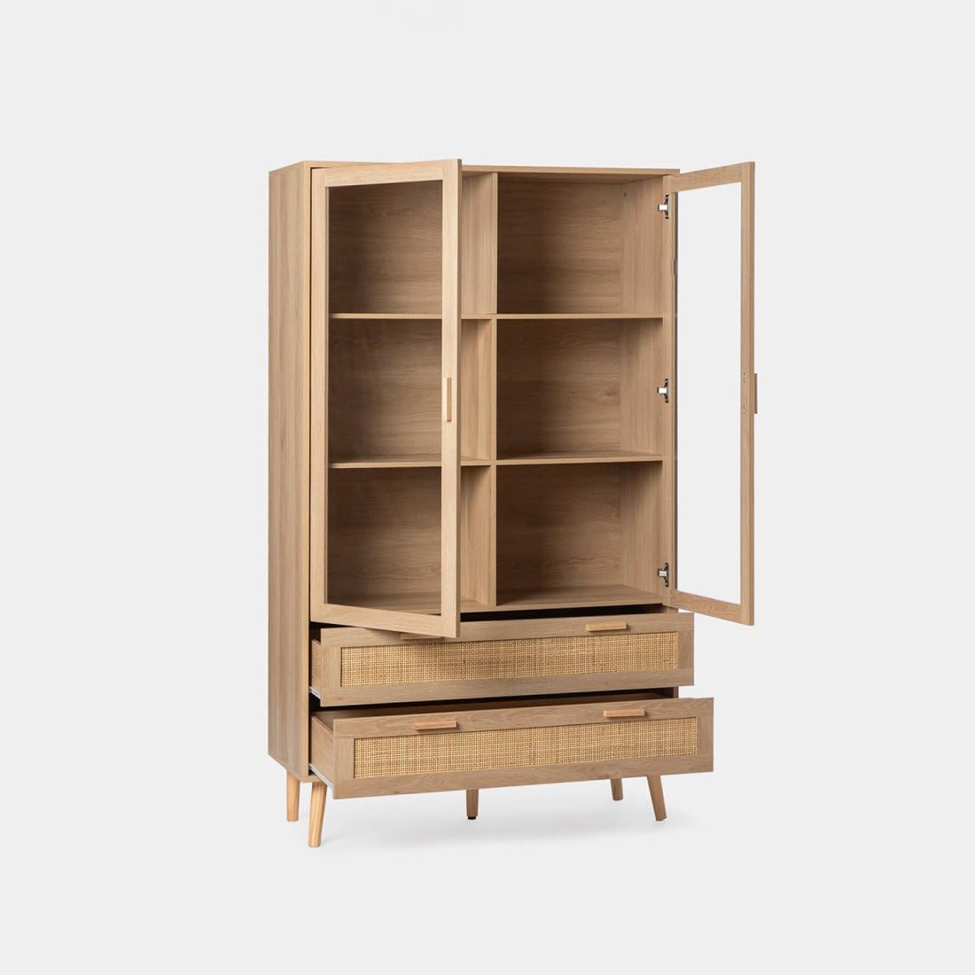 KLAST Vitrine en Bois et en Rotin Naturel avec Dos Portes Vitrees, Trois Etageres et Dos Tiroirs pour Le Rangement. Dimensions : 100 Cm x 170 Cm