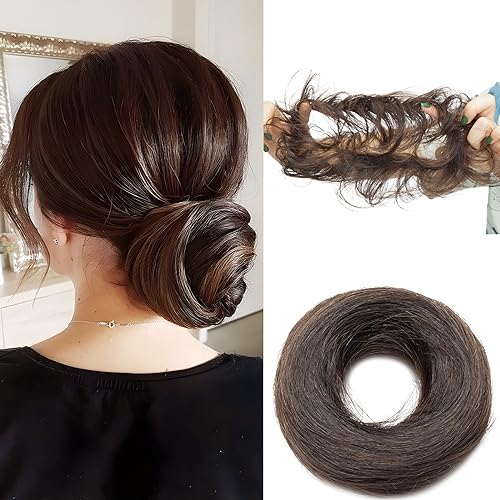 Elailite Human Hair Messy Bun Scrunchies Updo Real Hair HairPiece Extensions Donut Chignons For Women Straight - #02 Dark Brown
