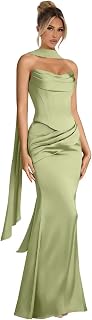 Bridesmaid Dresses Long for Women 2025 Satin Mermaid Strapless Pleated Formal Evening Party Gowns with Scarf