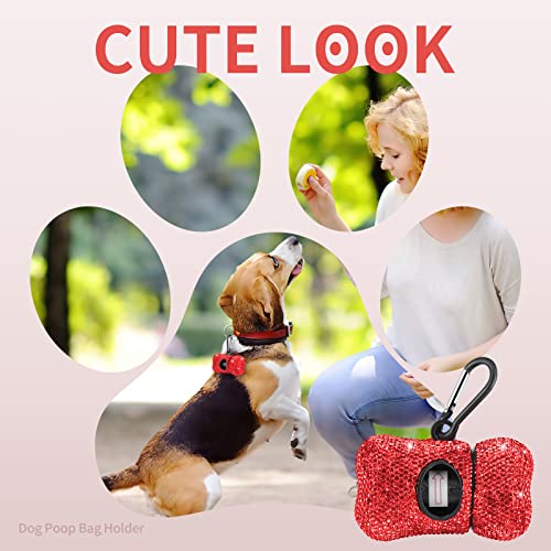 Image of Dog Poop Pickup Bags Holder Dispenser with 10 Roll 150 Bags Random Color Leak-proof Scented Bling Crystal Doggy Waste Bags and Carabiner,Red