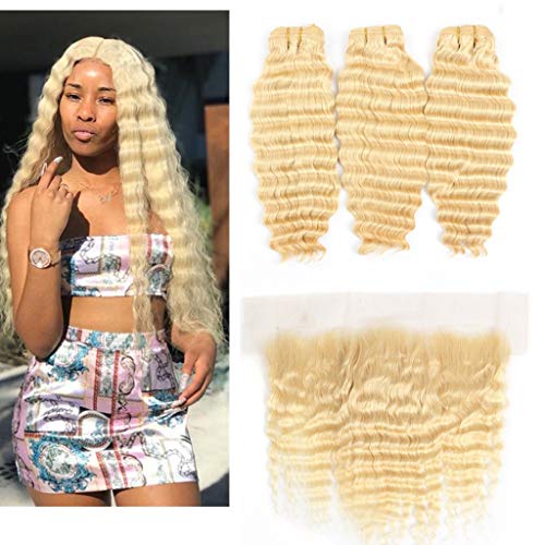 Queen Plus Hair Curly Deep Wave 613 Blonde 3 Bundles with Lace Frontal Closure 13x4 Ear To Ear with Baby Hair Brazilian Deep Wave 613 Blonde with Frontal (26 26 26 with 20)