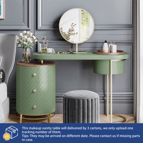POVISON Modern Makeup Vanity Table with LED Lighted Mirror, Very Easy to Assemble, Dressing Table with Movable Tray Top, 3 Solid Wood Drawer, without Stool, 43