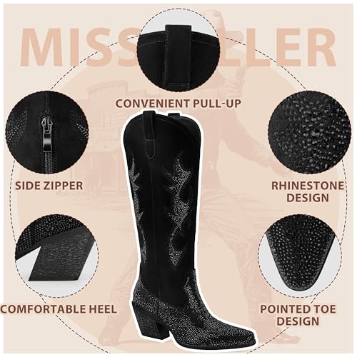 Women's Rhinestone Cowboy Boots Mid Calf Cowgirl Boots Pointed Toe Chunky Heel Sparkly Western Boot with Pull On Tabs3