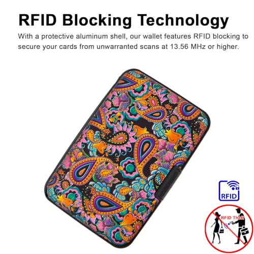 Image of Credit Card Holder Small RFID Blocking Wallet Business Metal Slim Mini Aluminum Hard Case for Women Men Gift, Paisley Art, small, Minimalist, Compact, American