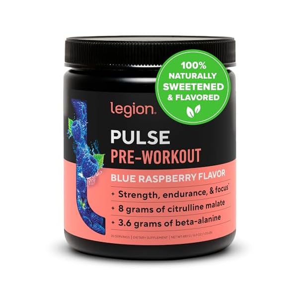 LEGION Pulse Pre Workout – All Natural Nitric Oxide Preworkout Drink to Boost Energy, Creatine Free, Naturally Sweetened, Beta Alanine, Citrulline, Alpha GPC (Blue Raspberry)
