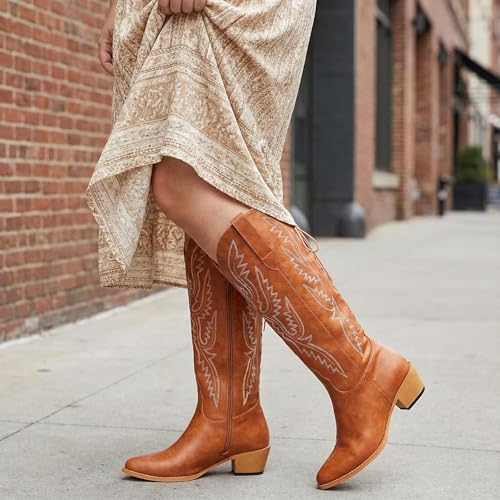 Image of Uillnoodu Wide Calf Cowboy Boots Women Adjustable Lace Up Knee High Tall Plus Size Cowgirl Boots Western Style Comfortable 2-Inch Heel