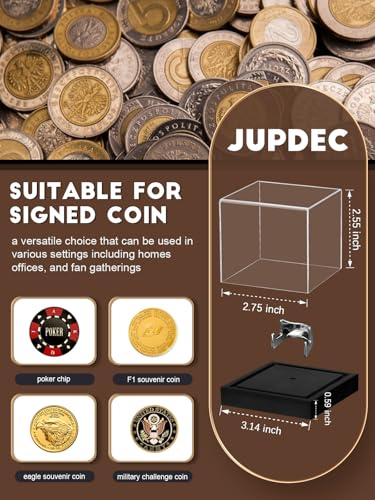 Image of JupDec Coin Display Case, Clear Acrylic Showcase with Wood Base & Alloy Holder for Single Challenge Coin, UV Protection Souvenirs and Collectibles Box, Ideal Gift for Coin Fans, Black