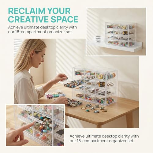ASOUUNLD Stapelbarer Schubladenbox Transparente Kleinteileaufbewahrung 12-Fach Sortierbox mit 6 Mini Aufbewahrungsboxen Schreibtisch Organizer Box für Büro Schmuck Kosmetik Perlen