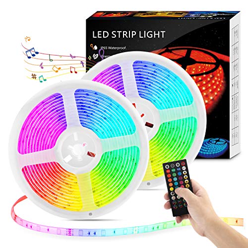 EWEIMA LED Strip Lights with Remote - 32.8ft LED Music Sync Tape Lights kit 5050 RGB Color Changing Light Strip with IP65 Waterproof, 300LEDs Rope Light for Bedroom, Room, Party, Mood Tape Lighting