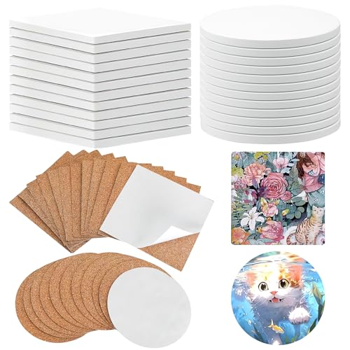 24 Stück Keramik Untersetzer, 10cm weiß Keramikfliese zum Basteln Untersetzer, DIY Blanko Keramikuntersetzer Klein Unglasierte Keramik für Acrylfarben Malen Geschenke (Rechteckig und Rund)