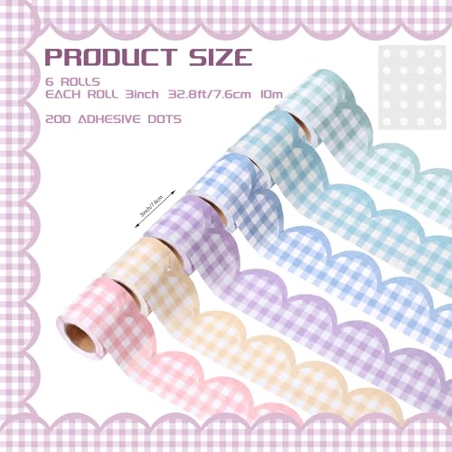 Image of Fuutreo 6 Roll 197 ft Gingham Pastel Bulletin Board Borders Checkered Classroom Decoration Scalloped Border Trim Decor for Back to School Chalkboard Office Wall