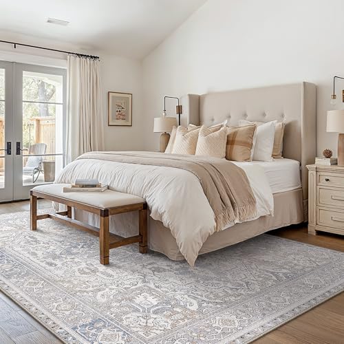 GENIMO 10x14 Area Rugs for Living Room, Machine Washable Non Slip Vintage Retro Rugs, Low Pile Lightweight Thin Print Rug for Bedroom, Dining Room, Home Office, Khaki Blue