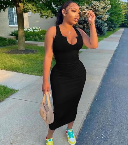 Image of Nimsruc Women Casual Sexy Deep U Neck Tank Top Bodycon Dress Summer Sleeveless Wrap Long Basic Party Club Maxi Dresses