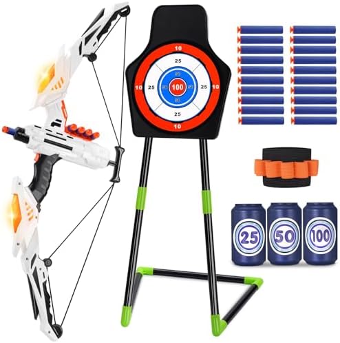 maysida Bow and Arrow Set for Kids, Light Up Archery Set, 20 Suction Cup Arrows, Standing Target, Target Can & Wristband, Indoor Outdoor Game Toys for Children Boys & Girls, Gift for Kids Aged 3+