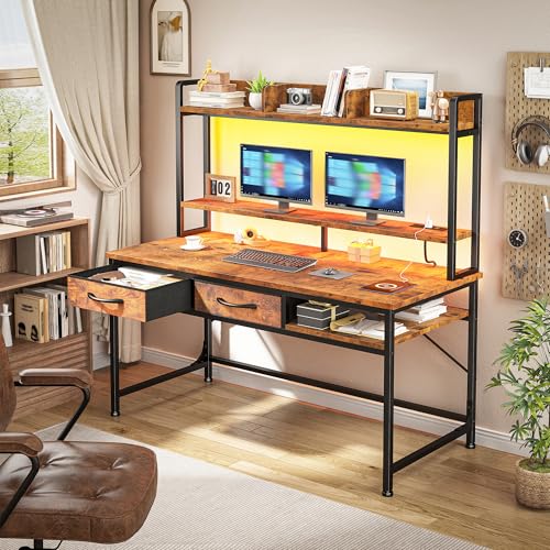 Image of DurayLoly 47.2 inch Computer Desk with Hutch& Drawers,Desk for Bedroom | Eye-protective Soft LED Teen Study Desk Built-in USB Port for Desk Lamps Monitor Stand, Protect Neck & Spine