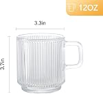 D.M DESIGN·MASTER [6 Pack, 12 OZ] - Premium Glass Coffee Mugs with Handle, Classic Vertical Stripes Tea Cup,Transparent Tea Glasses for Hot/Cold Beverages.