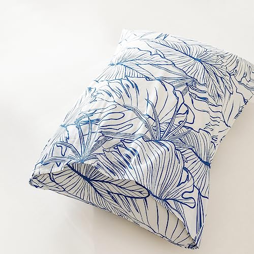 SUSYBAO Tropical Botanical Duvet Cover Queen 100% Cotton 3 Pcs Set 1 Coastal Blue White Plant Duvet Cover with Zipper Ties 2 Pillowcases Hawaiian Monstera Leaves Print Bedding Set Soft Breathable - Image 6