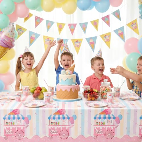 Image of NatNarr 3 Pack Ice Cream Tablecloths Party Decorations, 54 x 108 Inch Disposable Ice Cream Birthday Themed Table Cloth Waterproof Rectangle Party Table Cover for Kids Sweet One Birthday Baby Shower