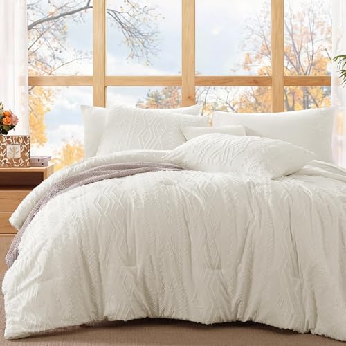 Image of Full Size Comforter Set- 7 Pieces Tufted Bed in a Bag Full Bedding Sets | All Season Shabby Chic Boho Bedding with Comforter, Sheets, Pillowcases & Shams, White