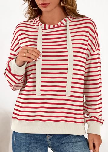 KIRUNDO Womens Striped Hoodies Sweatshirt 2026 Fall Long Sleeve Color Block Drawstring Casual Loose Pullover Top Y2K Clothes(Stripe Red Beige, X-Large) — view 3