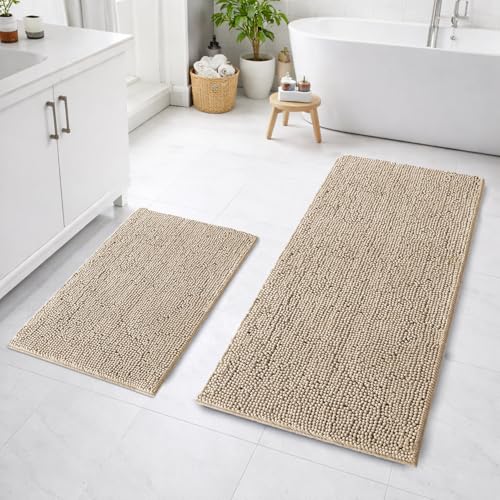 Image of LUXEHOME International Bath Mats for Bathroom Anti Slip Microfiber Chenille Super Absorbent Quick Dry Water Soak Floor Mat for Home Kitchen Door (45x75cm 60x120cm Beige) Pack of 2