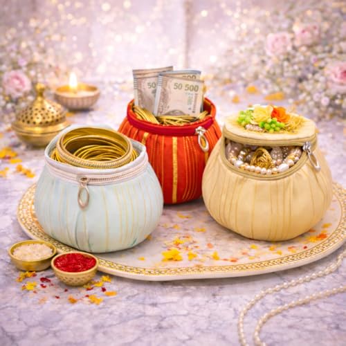 Image of Jaipur Ace Shagun Potli Gift Box Set of 2 with Zipper | Decorative Velvet Jewelry Organizer & Cash Storage Box | Wedding Return Gifts, Rakhi Gift Box, Bridal Shagun Box, Festive Gift Packaging, Money Holder Pouch (SET OF 2)