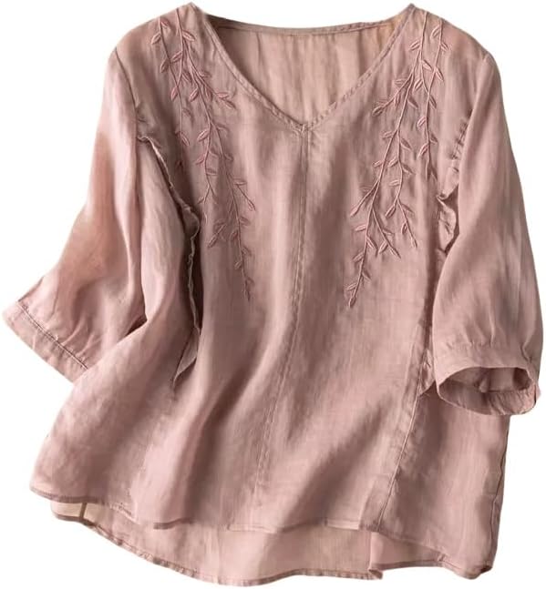 JYHBHMZG Women's Summer Cotton Linen Literary Retro Embroidered Top Loose Thin Blouse Ethnic Style