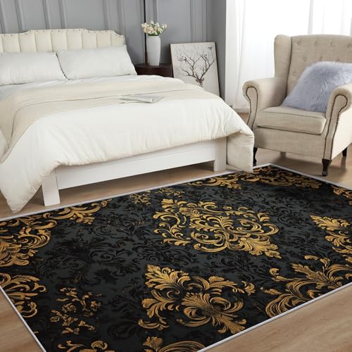 Tapete corredor Damask 2x3 ft negro y dorado miniatura 3