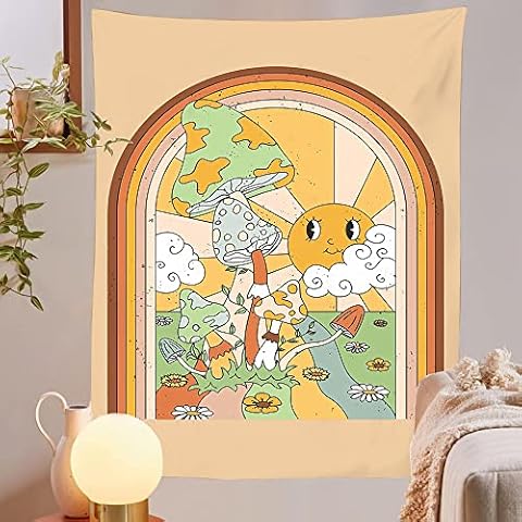 Boho Rainbow Sun Tapestry Cute Sun and Mushroom with Colorful Stripes Minimalist Tapestry Abstract Wall Art Tapestry for Bedroom Living Room Dorm Decor Wall Background 60"W x 40"H Cover