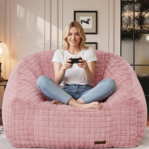 lilanoon Bean Bag Chairs for Adults, Giant Beanbag Sofa Comfy Reading Chair, Oversized Bean Bag Chairs for Living Room Bedroom, Soft Faux Fur Fabric, 3.2FT, Pink, Checkered