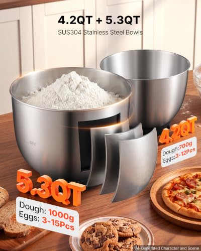 Image of VEVOR 5.3+4.2 Qt Tilt Head Stand Mixer 400W Electric Dough Mixer, 3 Speeds Food Kitchen Mixer with Stainless Steel Bowl, Splash Guard, Dough Hook, Whisk, Beater, for Baking Mixing Whipping