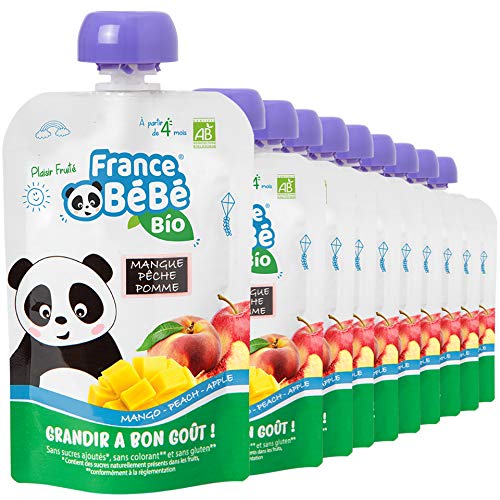 FRANCE BéBé BIO - Gourde de Purée de fruits & légumes BIO dès 4 mois - Mangue Pêche Pomme - Pack de 10 x 100g