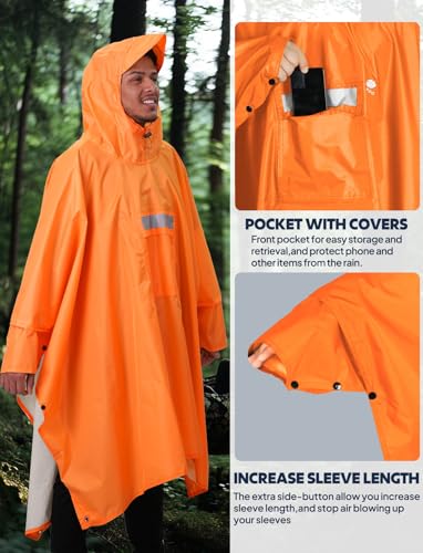 ANYOO Leichter Wasserdichter Regenponcho Regenjacken mit Ärmeln Belüftet Mehrzweck Regenmantel Unisex mit Kapuze Ideal für im Freien Camping Wandern Angeln, Dunkelorange, Einheitsgröße